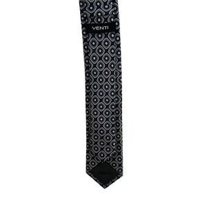 Venti Mens Silk Necktie Navy Blue Grey Geometric Medallion Skinny Tie 60x2.5